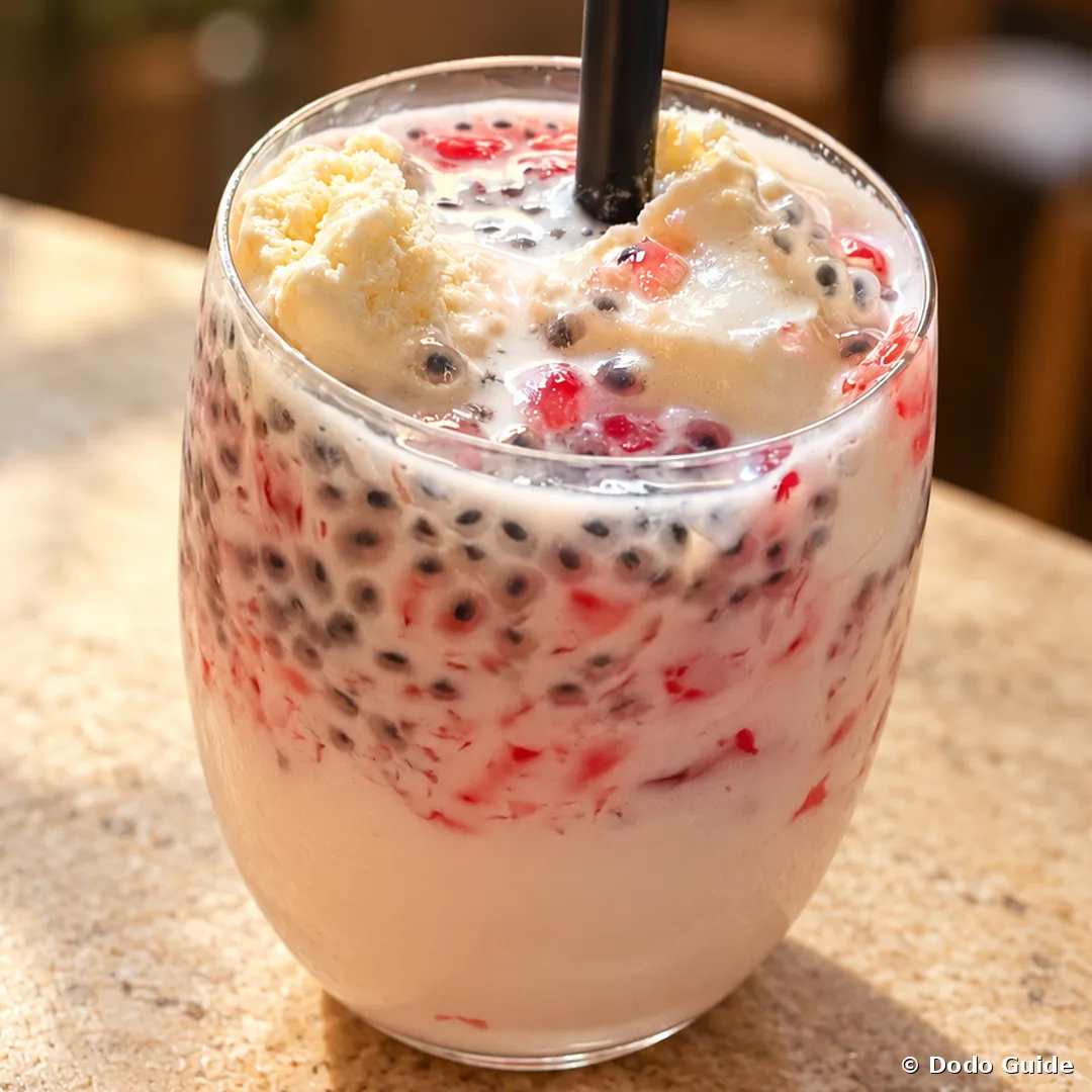 A glass of alouda with basil seeds and pink jelly