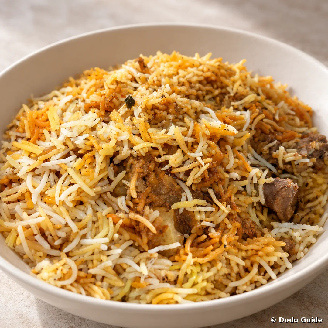 A plate of Mauritian briani with meat